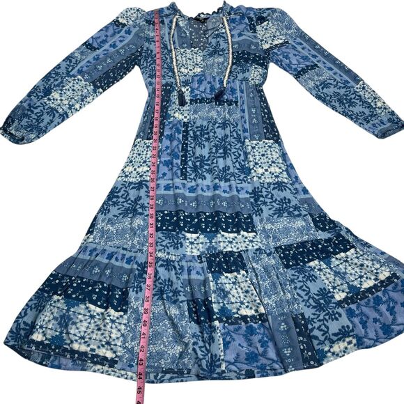 Frye Women's Midi Dress Medium Blue Patchwork Tassel Tie V-Neck Long Sleeve Boho - Picture 9 of 12